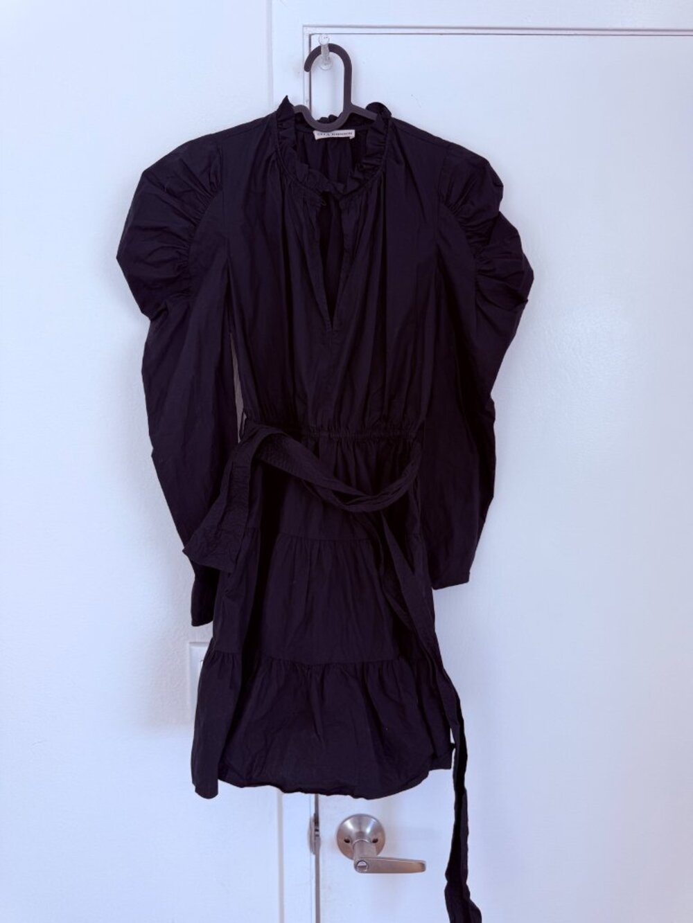 Ulla Johnson Beatrix Cotton Midi Dress Black Ruffle Collar Tiered Belted Size 2